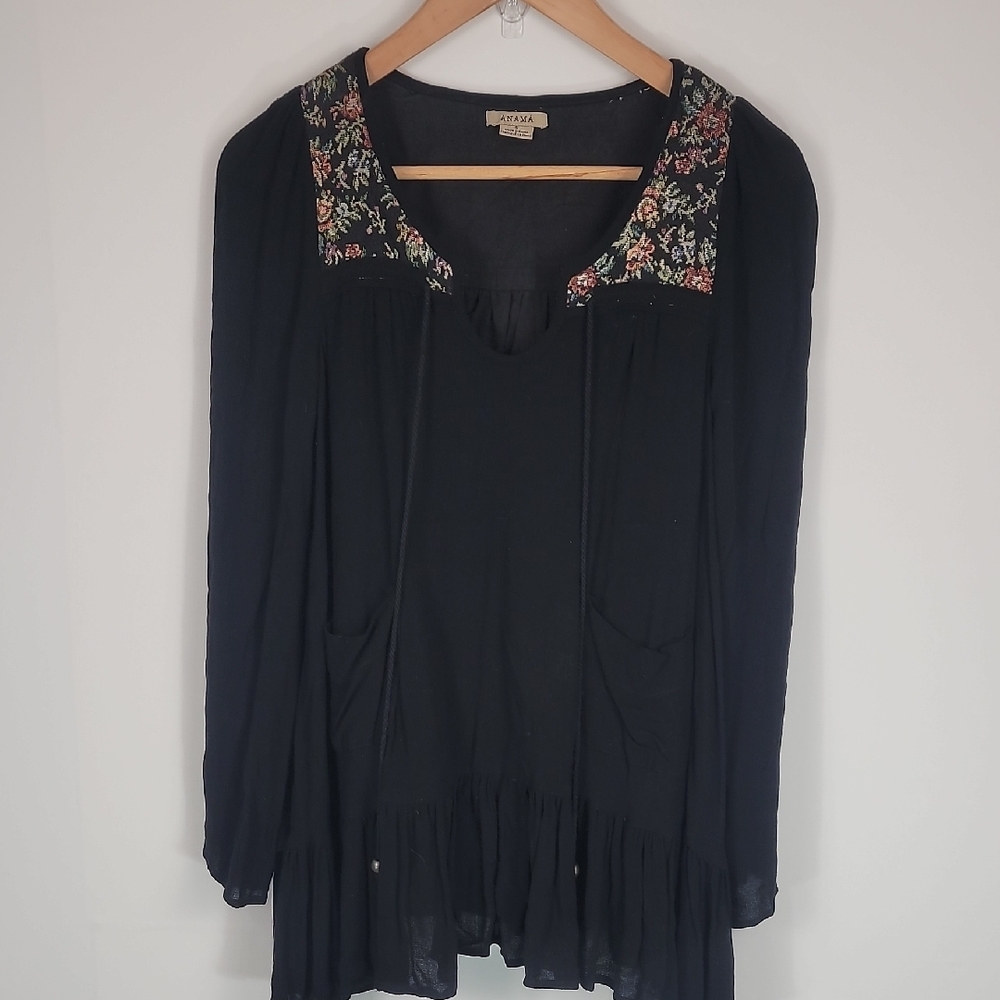 Anthropologie Anama Boho Oversized Black Top with Floral Accents